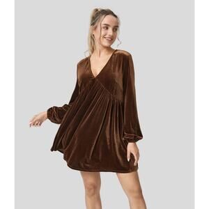 Halara Velvet Mini Dress XS Patina Brown V-Neck Bishop Sleeve Pleated Hem NWT